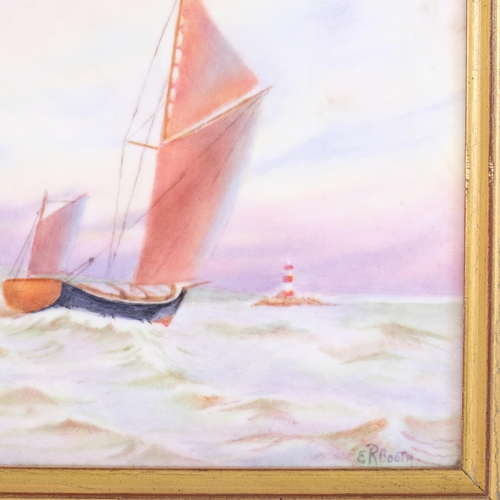 204 - ER Booth - a hand painted porcelain panel (sailing home). Image size - 13x10.5cm, overall 21x 19cm.