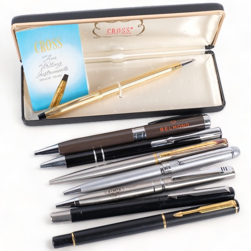 208 - CROSS - gold plated ballpoint pen, boxed with papers, and 7 other various pens (8)