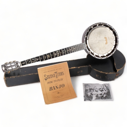 244 - A 5-string banjo, with inlaid mother-of-pearl decoration, in associated Vintage hardshell carry case... 