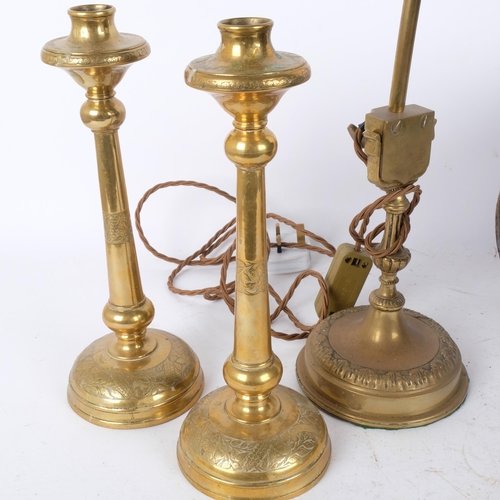 262 - An Antique copper coal scuttle, a pair of unmarked brass candlesticks, H28cm, and an unmarked brass ... 