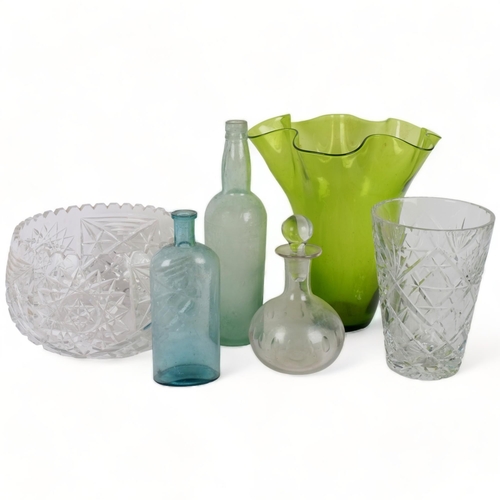 270 - A large cut-glass centrepiece bowl, diameter 23cm, a second cut-glass vase, a green glass tulip vase... 