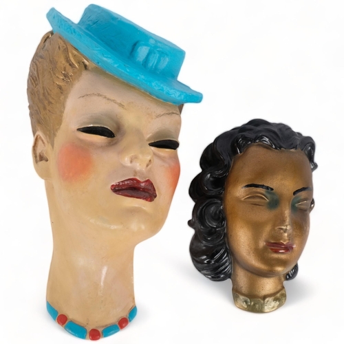 273 - Art Deco painted plaster wall mask, lady with a blue hat, 27cm, and a smaller painted and gilded wal... 