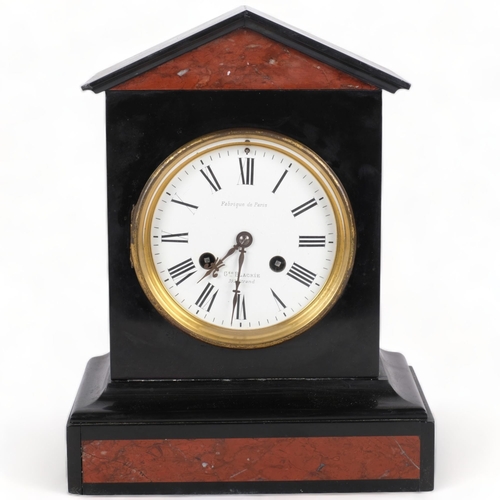 280 - A French slate and marble-cased clock with 2-train movement, in working order, H28cm