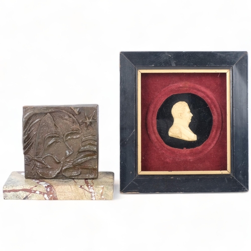 284 - A 19th century wax relief portrait of a gentleman, framed, H18.5cm overall, and a cast-bronze modern... 