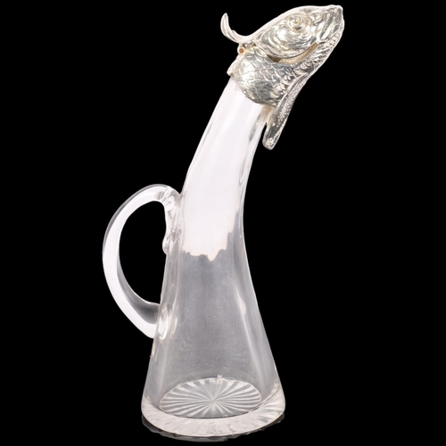 297 - A glass oil jug with plated fish head design lid, H24cm