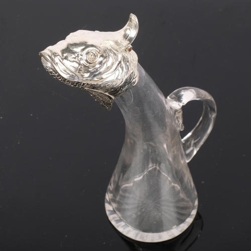 297 - A glass oil jug with plated fish head design lid, H24cm