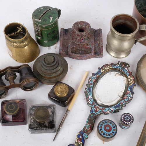 337 - A brass horse's hoof inkwell, enamelled hand mirror and boxes, plastic desk stand, copper pot marked... 