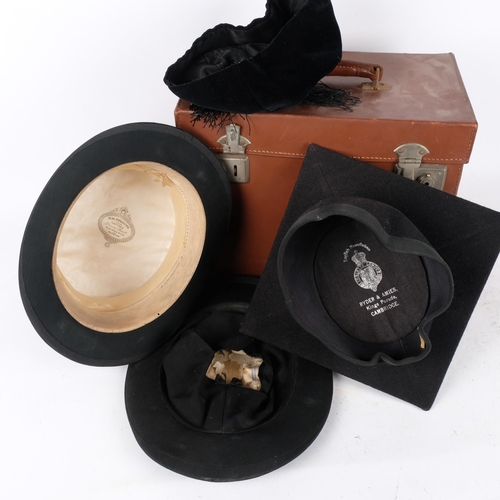 341 - A leather hat box containing a top hat by R W Forsyth, a Cambridge mortar board, and an opera hat (d... 