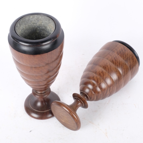 345 - A pair of turned wood vases, with metal liners, H22.5cm