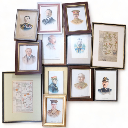 358 - A set of framed printed silk military BDV cigarette cards, and 2 framed maps