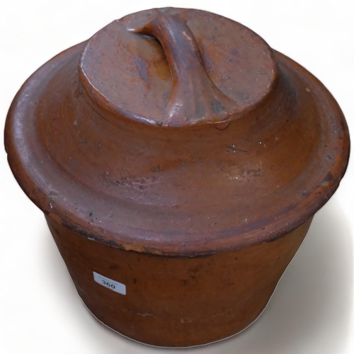 360 - Antique glazed terracotta crock and cover, 34cm across