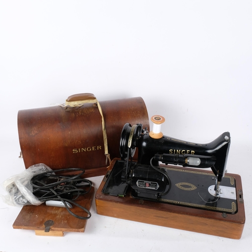 361 - Vintage Singer electric sewing machine, with wooden carrying case