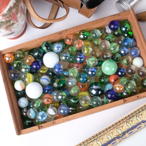 369 - Candlesticks, binoculars, marbles etc