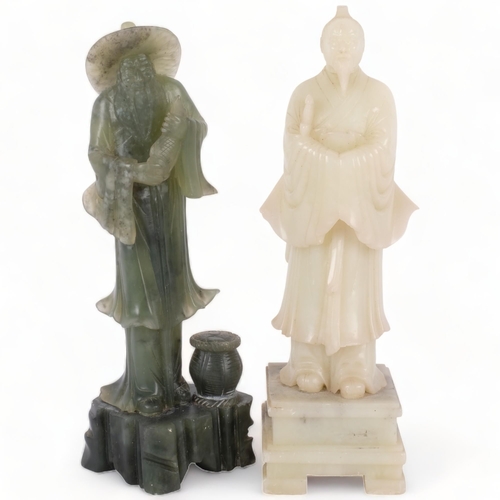 380 - A carved stone sage on plinth 24.5cm, and an Oriental carved nephrite fisherman