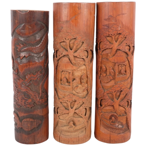 414 - 3 large Japanese carved bamboo brush pots, with dragon and figure designs, tallest 38cm