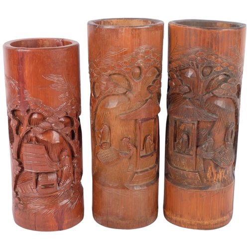 415 - 3 Japanese carved bamboo brush pots, with house and sailing boat designs, tallest 28cm