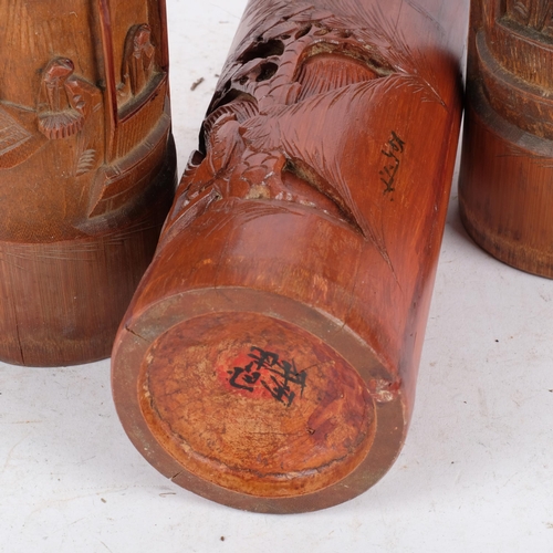 415 - 3 Japanese carved bamboo brush pots, with house and sailing boat designs, tallest 28cm