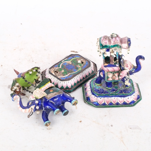 417 - 2 Oriental enamelled metal caparisoned elephants, with howdahs, H10.5cm