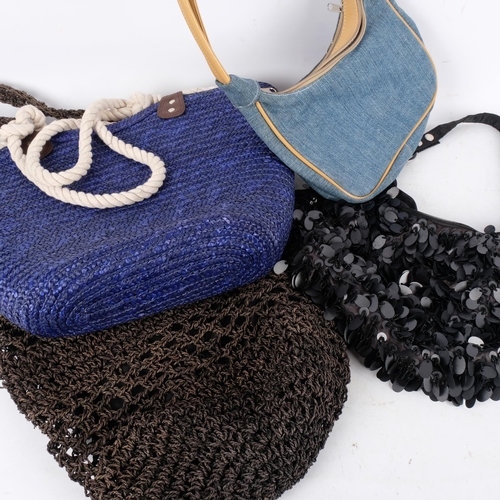 426 - A blue woven shopping basket, another, and 2 handbags