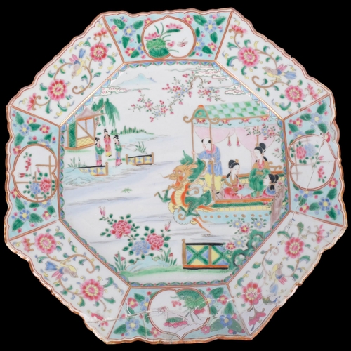 431 - A large signed Japanese octagonal plate, with enamel decoration (A/F), 43cm