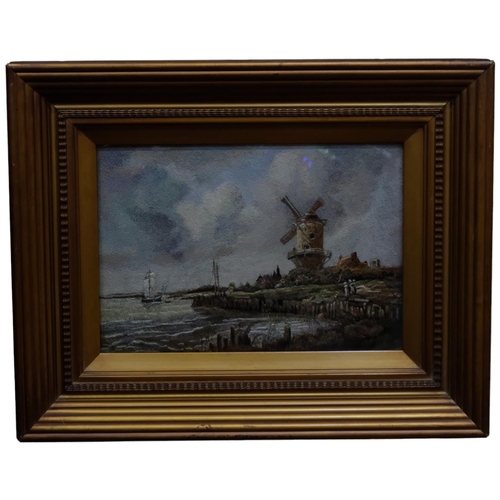 436 - Antique embroidered picture of a windmill at the waterside, gilt frame, 42cm x 52.5cm