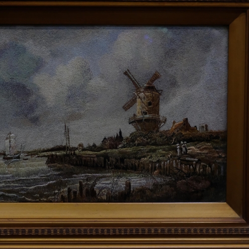 436 - Antique embroidered picture of a windmill at the waterside, gilt frame, 42cm x 52.5cm