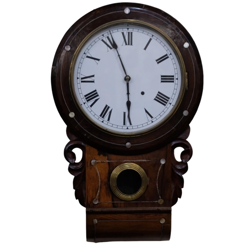 439 - A Victorian rosewood drop-dial wall clock, with pendulum and key, later dial, H65cm