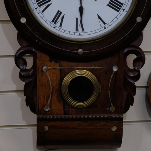 439 - A Victorian rosewood drop-dial wall clock, with pendulum and key, later dial, H65cm