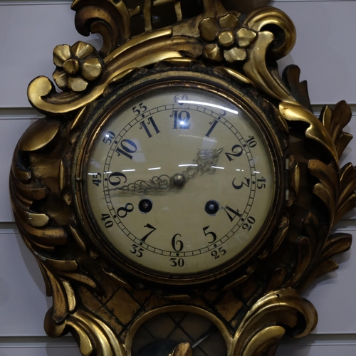 443 - A French gilt cartel wall clock, with 2-train movement and key, H60cm