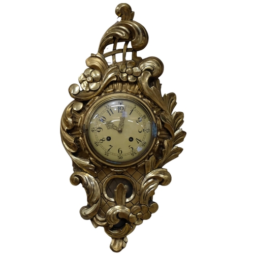 444 - A French gilt cartel wall clock, with 2-train movement, 60cm