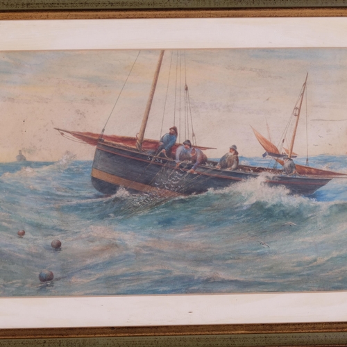 446 - J W Goodchild, watercolour, fishing boat at sea, framed, 34cm x 45cm, and another watercolour, indis... 