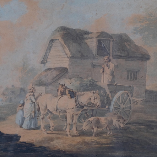 447 - 19th century watercolour, farmer and his wife, indistinctly signed lower left, image 25cm x 35cm, 37... 