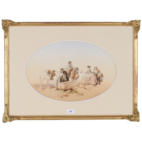 448 - J Hanay?, oval watercolour, study of Continental figures and horses at a watering point, image width... 