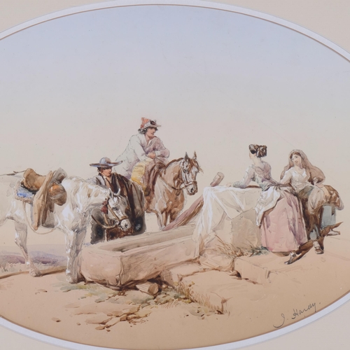 448 - J Hanay?, oval watercolour, study of Continental figures and horses at a watering point, image width... 