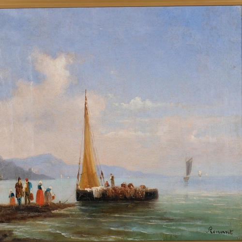 451 - Renount, oil on canvas, a Mediterranean coastal scene, fisherfolk and boats, 50cm x 80cm overall, gi... 