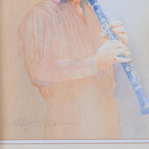 454 - Harry Bloom, watercolour portrait, clarinet player, 59cm x 48cm overall, and 2 other watercolours, a... 