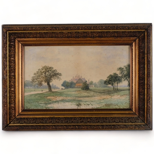 458 - Watercolour, study of a grand house, 50cm x 70cm overall, in an ornate giltwood and gesso cushion fr... 