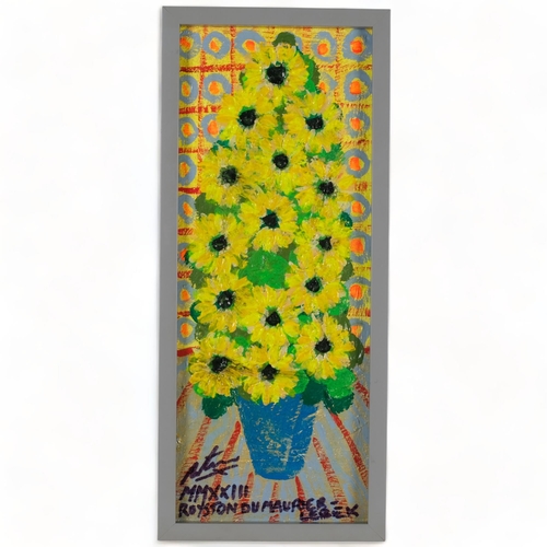 461 - Royston Du Maurier Lebek, oil on board, study of yellow daisies, 53cm x 23cm overall, framed