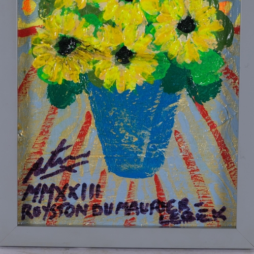 461 - Royston Du Maurier Lebek, oil on board, study of yellow daisies, 53cm x 23cm overall, framed