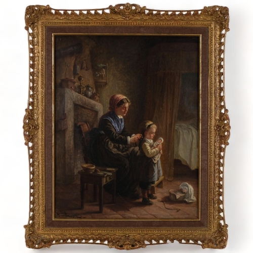 467 - Oil on canvas, study of a mother and child, 53cm x 44cm overall, it appears giltwood framed, signed ... 