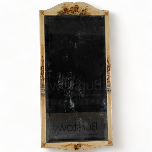 469 - An Oriental stained wood framed and chinoiserie decorated rectangular bevel-edge wall mirror, 60cm x... 