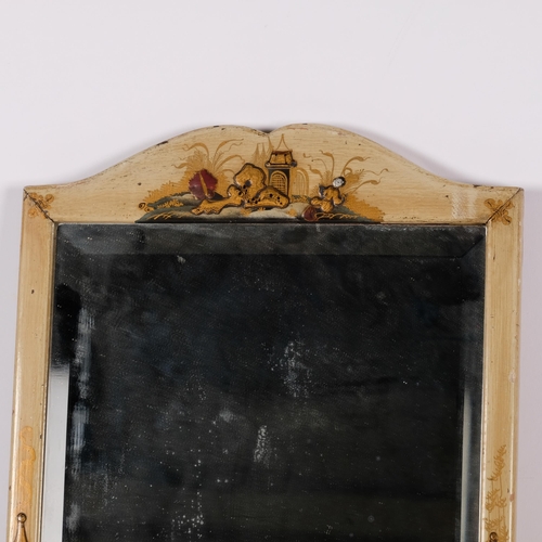 469 - An Oriental stained wood framed and chinoiserie decorated rectangular bevel-edge wall mirror, 60cm x... 