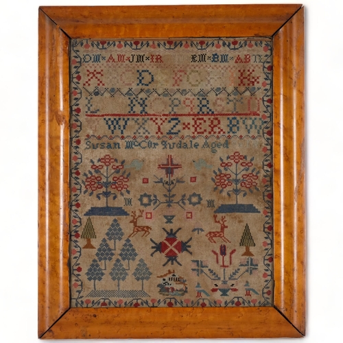 471 - A 19th century sampler by Susan McCorqudale aged 13?, maple-framed, 49cm x 39cm