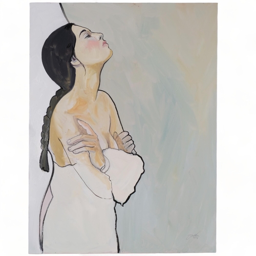 472 - Clive Fredriksson, oil on canvas, girl with a plaited ponytail, 80cm x 60cm overall, unframed