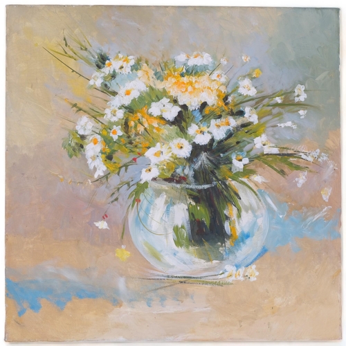 473 - Clive Fredriksson, oil on canvas, still life vase of wild flowers, 50cm x 50cm overall, unframed