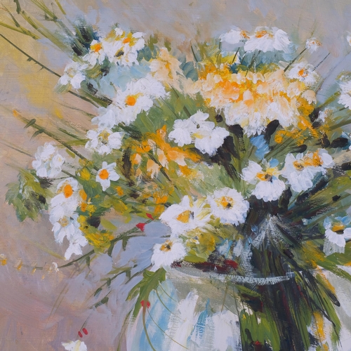 473 - Clive Fredriksson, oil on canvas, still life vase of wild flowers, 50cm x 50cm overall, unframed