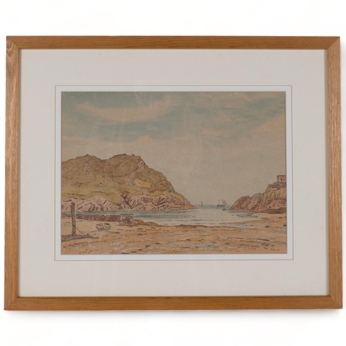 474 - William Warden, watercolour, a rocky coastal view, signed and dated August 1949, with label verso, f... 