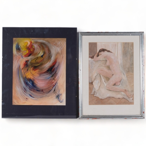 476 - G Adams, oil, study of a reclining nude, framed, and Papos, acrylics on paper, abstract study, signe... 