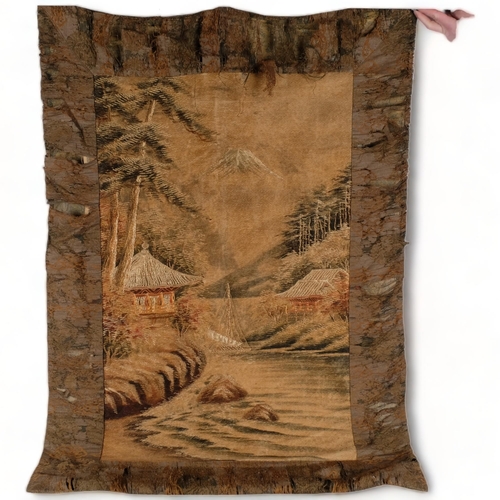 489 - An Antique silk wall hanging of Mount Fuji, with associated wooden rail, 110cm x 80cm