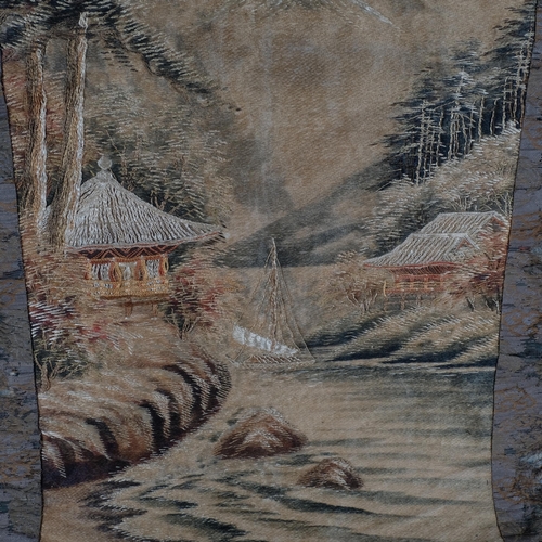 489 - An Antique silk wall hanging of Mount Fuji, with associated wooden rail, 110cm x 80cm